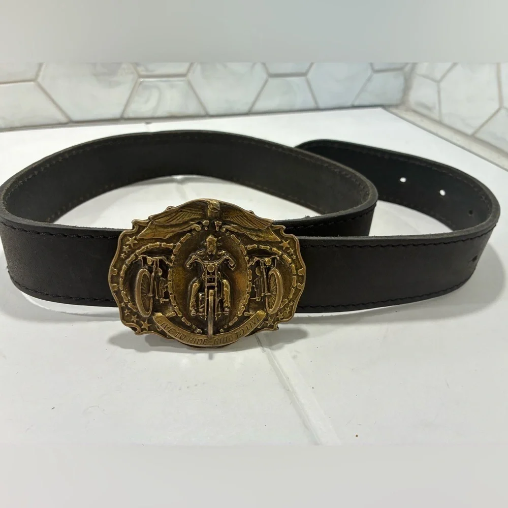 LIVE TO RIDE Biker Buckle Black Leather Belt Brass Motorcycle Made In Holland